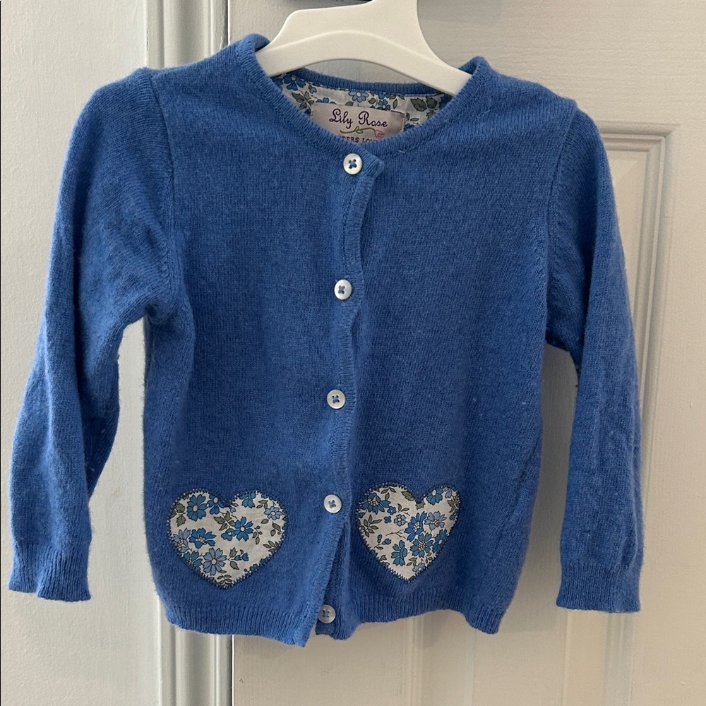 Lily Rose Girls Blue Cardigan with Liberty London Floral Heart Pockets